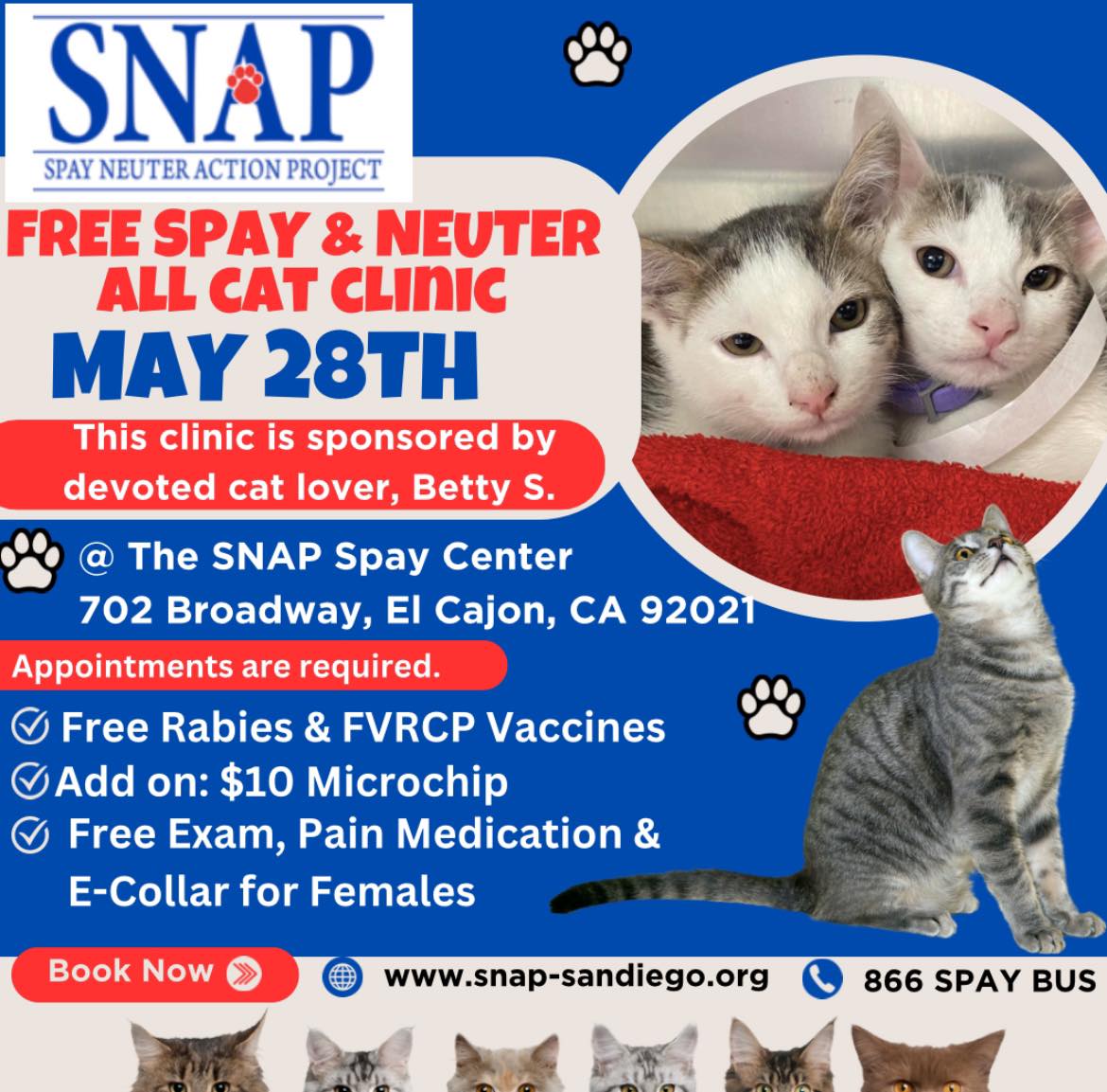 Free spays and neuters for East County cats at the @SNAPSD spay center on May 28th. This clinic is for low income #cat owners. #spayneuter