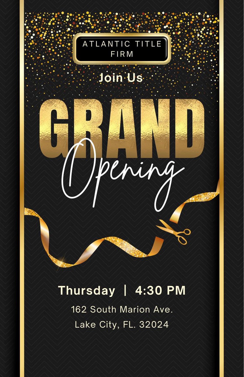 Atlantic Title Firm of North Florida is thrilled to announce the grand opening TODAY at 4:30. Come check out our new closing room and enjoy some snacks. We look forward to discussing how we can streamline the closing process for you and your clients! 🎉