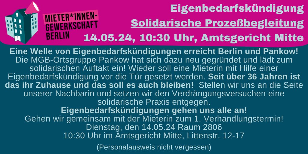 Das #Kieztreffen wird sich mit weiteren Aktiven 2024 als MGB-Ortsgruppe Pankow mit sog. #Eigenbedarfskündigungen beschäftigen. Ziel ist es, gewerkschaftlich gegen Kündigungen vorzugehen. Schreibt uns, wenn ihr dabei sein wollt + stay tuned 💥 Auftakt: 👉 Safe the date: 14.5.