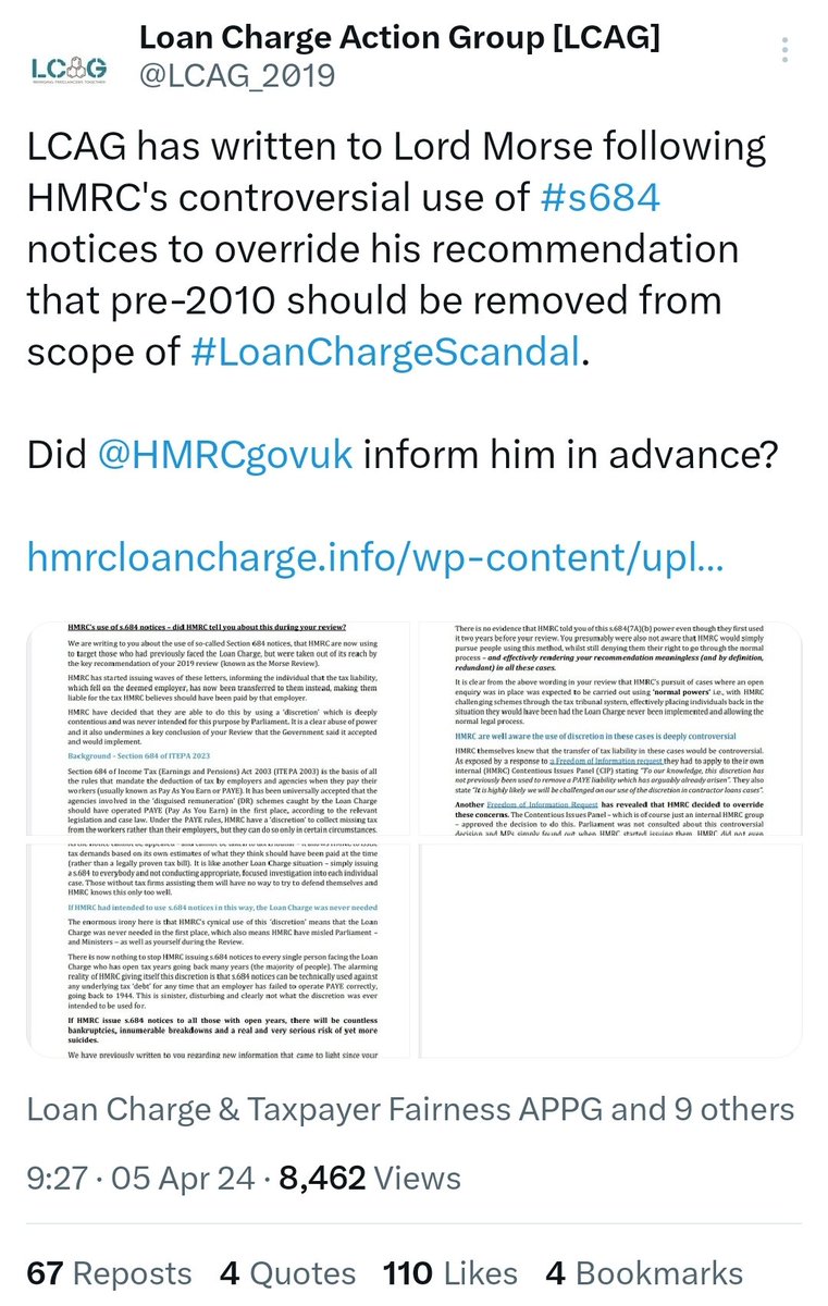 @LCAG_2019 @steve_packham @MoneyTelegraph @charlotte_giff @IainDale @NickFerrariLBC @mikegalsworthy @BylineTimes @rbrooks45 @BBCNewsnight @ContractorCalc @gregwrightYP @EmmaAgyemang @loanchargeAPPG 'Lord Morse declined to comment for this story.' Lord Morse, may have been aware of HMRC's plans to misuse #s684 at time, but well aware now. He must comment to avoid becoming tainted by association with HMRC. twitter.com/LCAG_2019/stat…