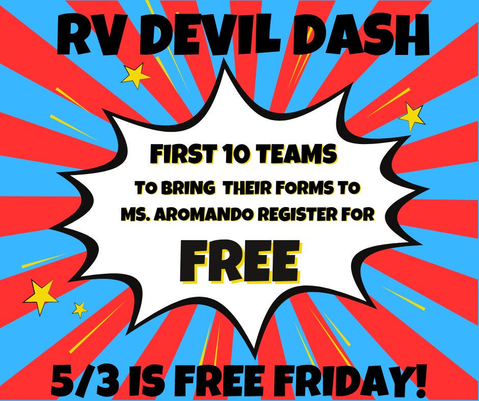@RVDevilDash (@rvdevildash) on Twitter photo TOMORROW! The first 10 teams who bring their registration forms to Ms. Aromando will be able to register for FREE.
Each of you will also get a coupon for a free cheeseburger and fries from McDonalds (on Rt. 38). <a href="/PrincipalRVRHS/">Joe Martin</a> TOMORROW! The first 10 teams who bring their registration forms to Ms. Aromando will be able to register for FREE.
Each of you will also get a coupon for a free cheeseburger and fries from McDonalds (on Rt. 38). <a href="/PrincipalRVRHS/">Joe Martin</a>