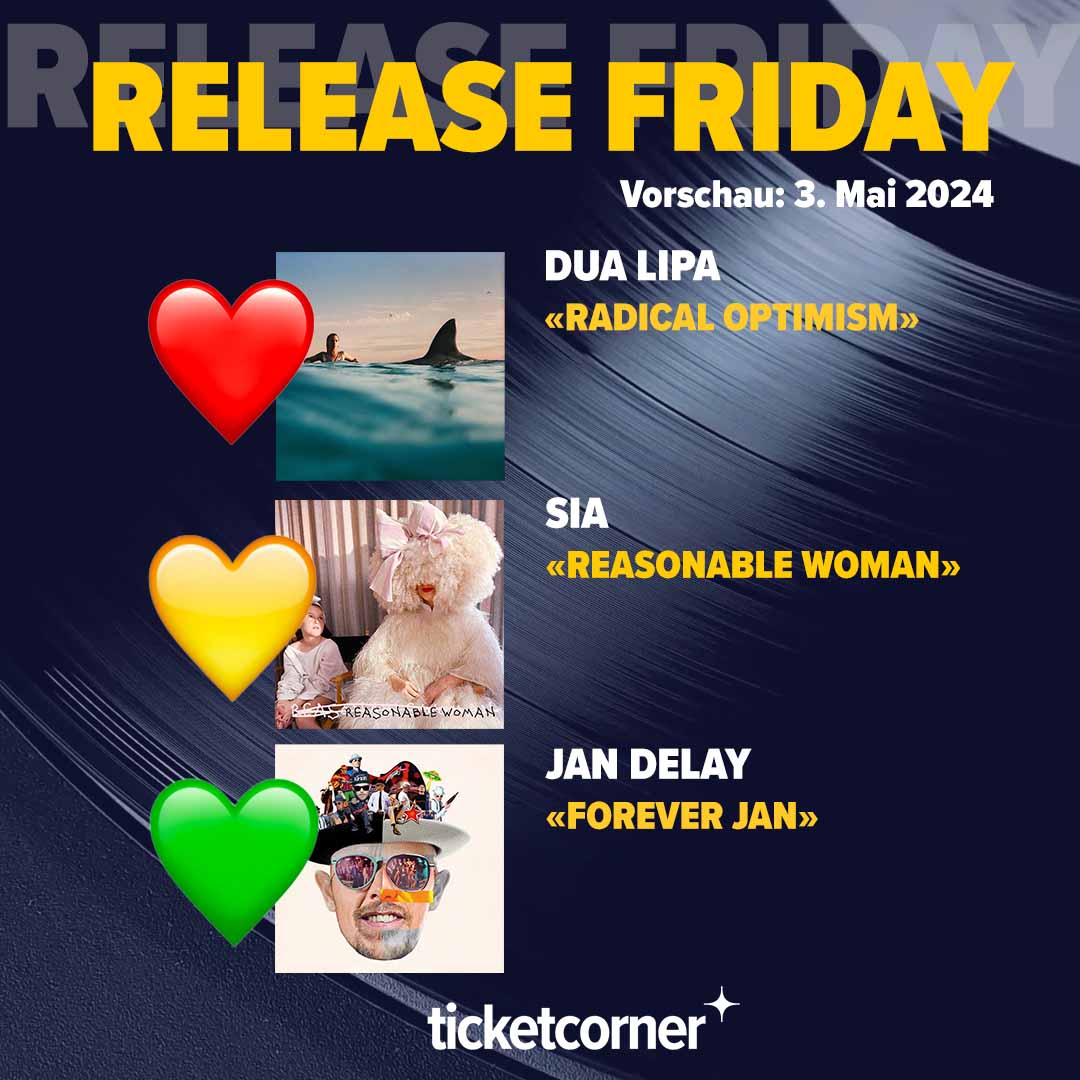 💥📀 #ReleaseFriday ❤️ Wir starten positiv ins Wochenende mit Dua Lipa's neuem Album «Radical Optimism». 💛 Sia veröffentlicht ihr Album «Reasonable Woman». 💚 Und das deutsche Musiktalent Jan Delay droppt sein Album «Forever Jan».