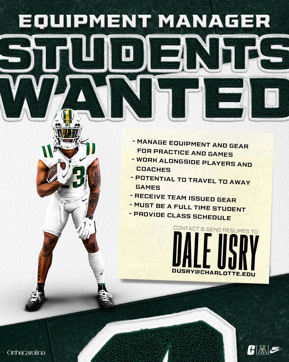 🚨Help Wanted🚨 Charlotte Football is looking for Equipment Student Managers @charlotte_eq The team behind the team! Send resumes to Dale Usry at dusry@charlotte.edu
