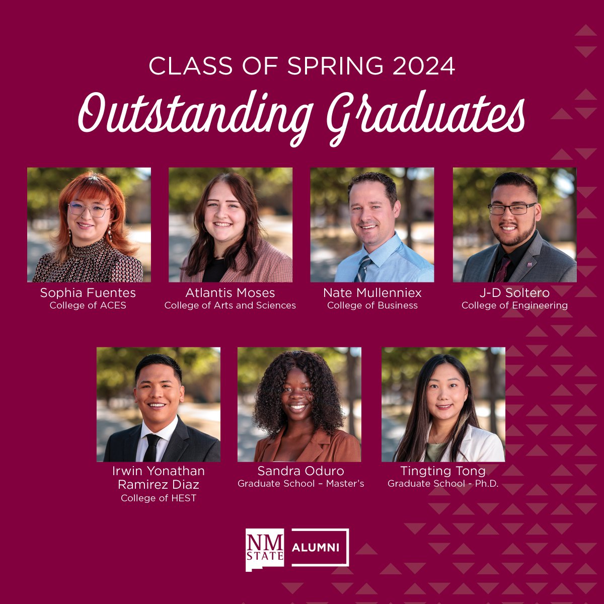 ✨ Introducing the New Mexico State University Alumni Association Outstanding Graduates for Spring 2024! Learn more about this year’s honorees: nmsufoundation.org/in-the-news-ou…

#NMSU #NMSUAlumni #AlwaysAnAggie #OutstandingGraduate