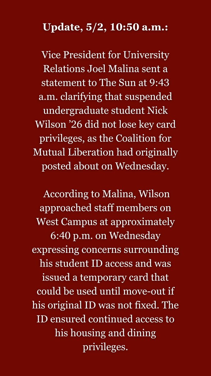 Update, 5/2, 10:50 a.m.: “No student on temporary suspension in connection with the unauthorized encampment on the Arts Quad has been informed by the University that they have been evicted or must vacate University housing this term,” the statement read.