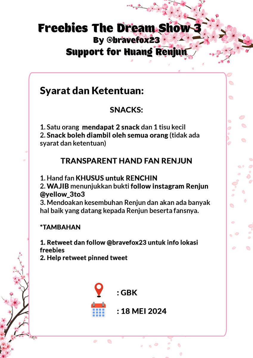 [ help rt and like ]

FREEBIES TDS 3 JAKARTA by 
@bravefox23

- 𝘚𝘜𝘗𝘗𝘖𝘙𝘛 𝘍𝘖𝘙 𝘏𝘜𝘈𝘕𝘎 𝘙𝘌𝘕𝘑𝘜𝘕

‼️ Limited quantity
‼️ For snack, first come first get
‼️ Terms and condition are on pict
‼️ Follow @bravefox23
‼️ RT pinned tweet

#tds3injkt