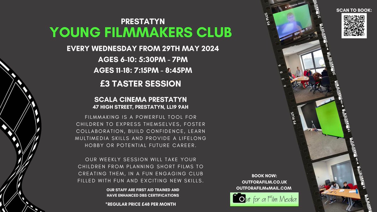 After much demand we are please to announce our weekly ‘Prestatyn Young Filmmakers Club’.

Book your child’s place or their £3 taster session here: out-for-a-film-media.live.baluu.co.uk/event/young-fi…

Sessions are every Wednesday, starting from 29th May 2024.

Info below: