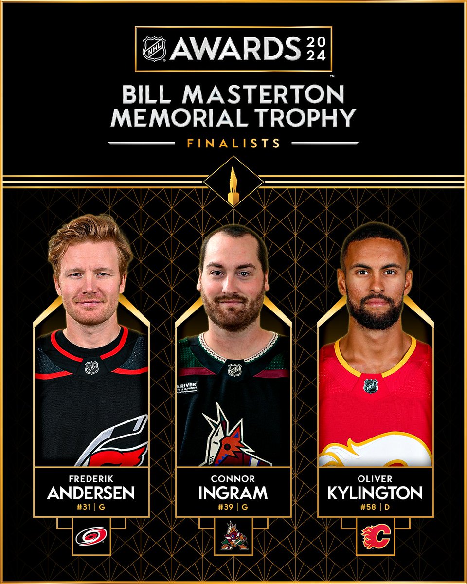 Frederik Andersen, Connor Ingram and Oliver Kylington are the three finalists for the 2023-24 Bill Masterton Memorial Trophy. #NHLAwards: media.nhl.com/public/news/17…