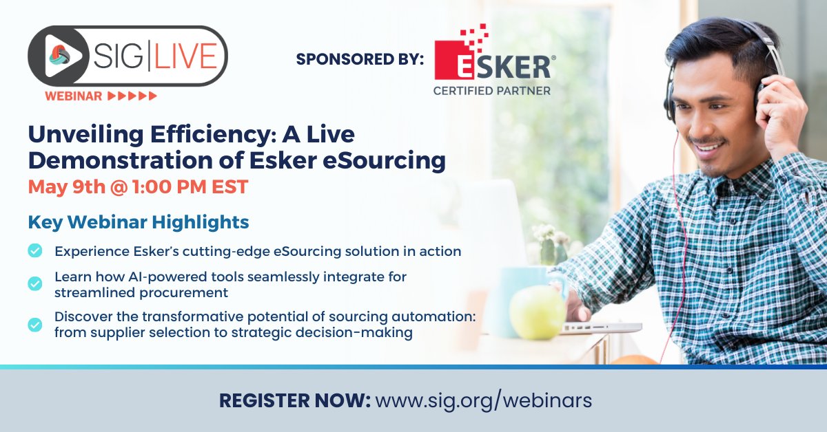 Join us for an exclusive live demo showcasing @EskerInc’s cutting-edge eSourcing solution. Discover the transformative power of sourcing automation firsthand! Don’t miss this opportunity to streamline procurement processes and unlock success. Register! sig.org/etn/webinar-es…