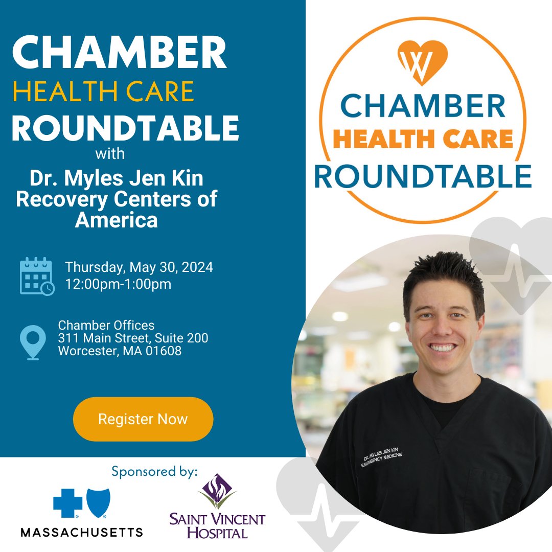 Save the date for our upcoming Healthcare Roundtable discussion featuring Dr. Myles Jen Kin, the State Medical Director at @Recoverycoa's Danvers & Westminsite facilities. 🗓 Thursday, May 30 ⏰ 12:00 PM - 1:00 PM Sponsored by @BCBSMA & @St_Vincent_Hosp zurl.co/wOD2