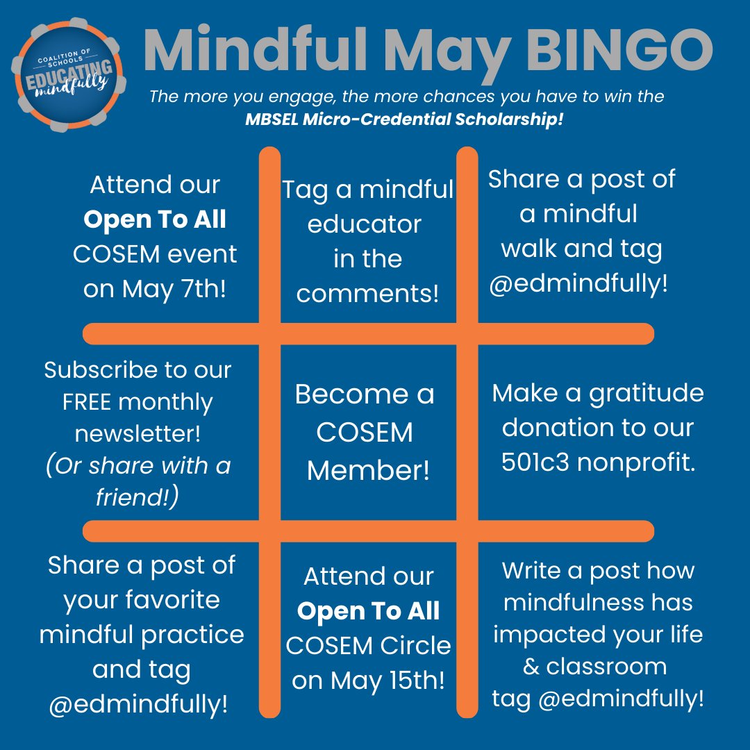 We’re playing Mindful BINGO! Follow and engage in our posts! Each box is an entry so you do not need to earn a BINGO to “win”! #Mindfulness #SocialEmotionalLearning #MindfulMay #SEL #MBSEL #ProfessionalDevelopment #ProfessionalMembership #MicroCredential #BINGO #MindfulEvents
