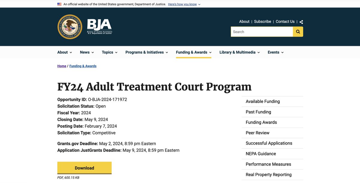 .@DOJBJA is soliciting applications from state and local courts, as well as state, local, & Tribal governments looking to enhance adult treatment courts and reduce the misuse of substances by people involved in the criminal justice system. Due 5/9: bit.ly/3UAAOme