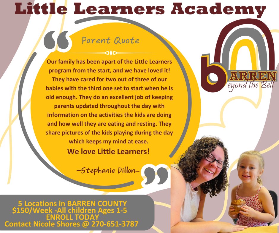 Looking for a family atmosphere & high quality educational activities for your child ages 1-5 years old? Call Nicole to enroll today or reserve your child's seat for the upcoming year. 270-651-3787