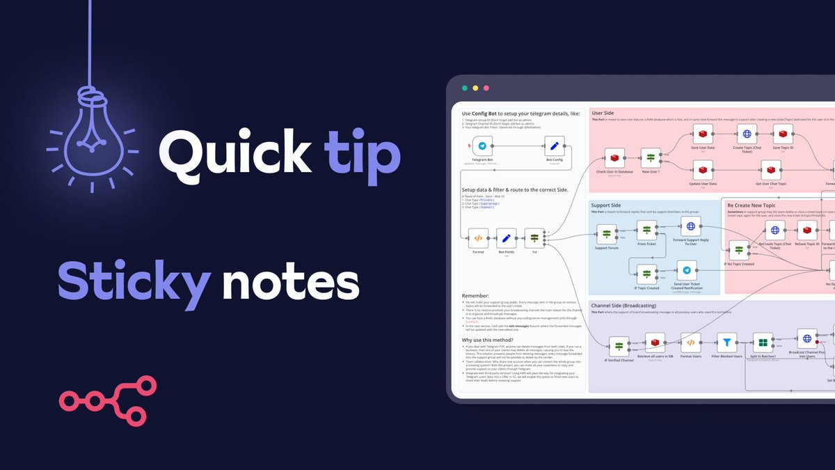 n8n quick tip: Make your workflows more readable with sticky notes! These are great for providing structure, documentation and even a bit of color. Future you will thank you for using them! buff.ly/3SRiJ2n #n8ntips #automation #lowcode