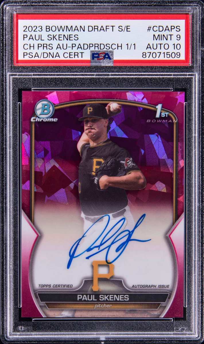 The next ace of MLB? ⚾ This 2023 Bowman Draft Sapphire Edition Chrome Prospect Autographs Paul Skenes Signed Rookie Card (#1/1) - PSA MINT 9, PSA/DNA GEM MT 10 is available now in our April Elite: bit.ly/4dc4vS5 Open Extended Bidding starts Saturday at 10 PM ET ⏰