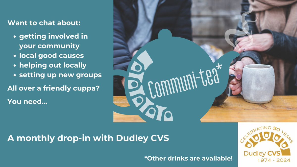 Our Communi-tea drop in is calling at Cup Coffee Shop, Stourbridge on Thurs 23rd May. Join us 10am-12noon if you'd like to - get more involved in your community - find out about local good causes - help out in your community - share ideas and get support buff.ly/49XwUIJ