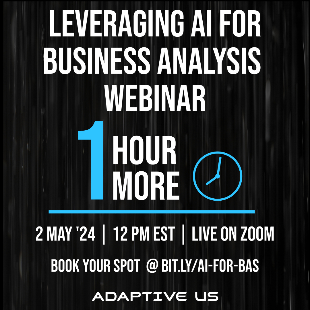 1 HOUR TO GO!
Attend our #Webinar - 'Leveraging AI for Business Analysis', where our expert LN Mishra discusses how BAs can prepare themselves for the future world.
Book Your Spot Now - us06web.zoom.us/webinar/regist…

#adaptiveus #AI #ba #baot #businessanalysis #artificialintelligence