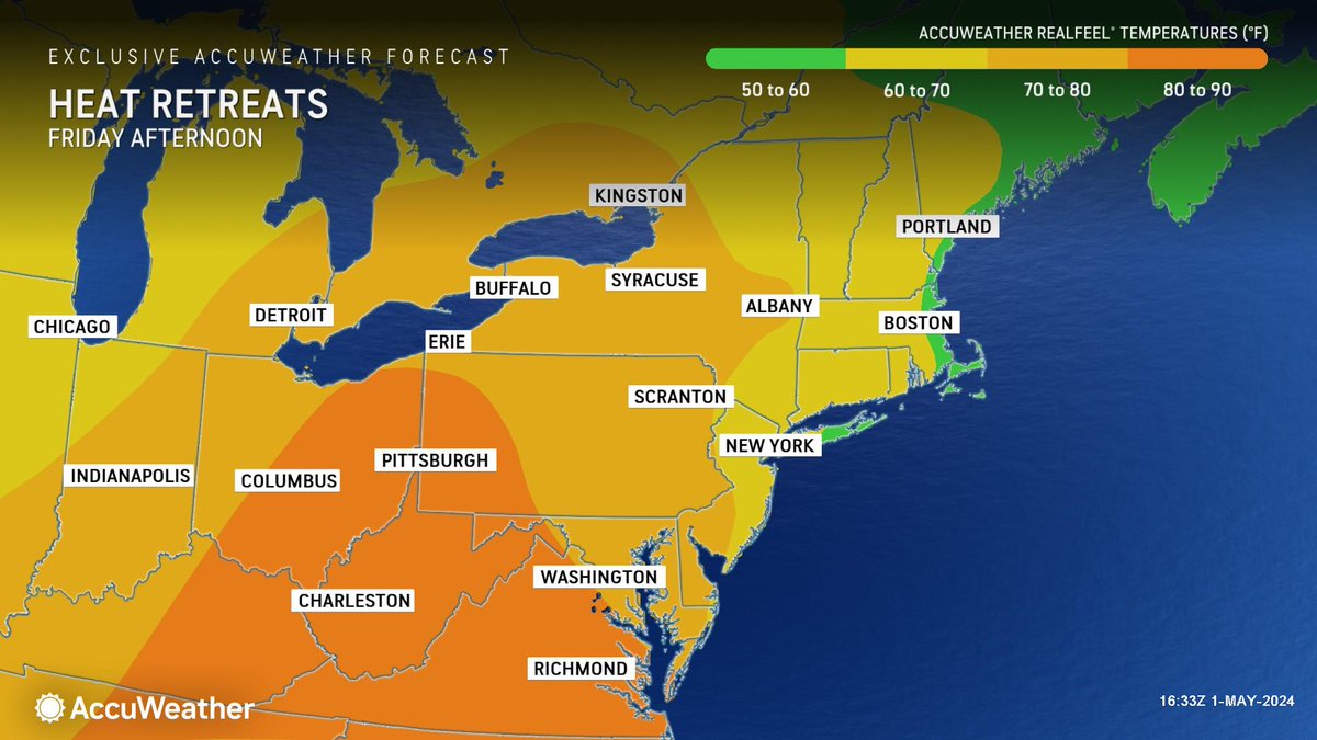 WEATHER @accuweather Thursday • This afternoon-Intervals of clouds and sun. High 67. • Tonight-Partly cloudy. Low 51. • Friday-Warmer and some sun. Afternoon thunderstorm. High 78.