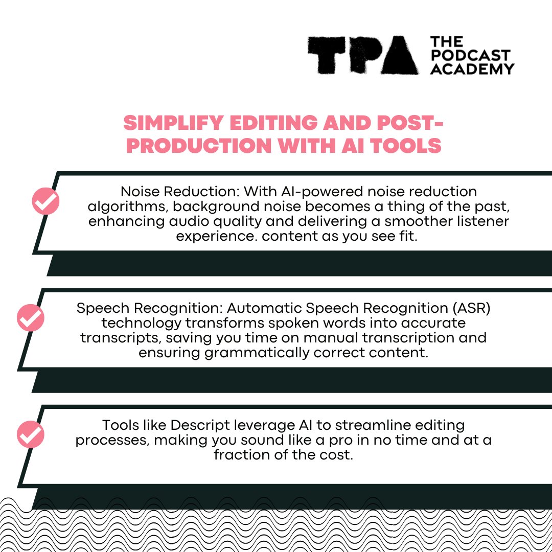 Embrace the power of AI for seamless editing and post-production in your podcasts! Dive into our game-changing blog post now! 👉thepodcastacademy.com/podcasting-ind… #thepodcastacademy #podcasting #podcastnetworking #podcastinglife #podcastsuccess #podcastaudience #podcastingtips