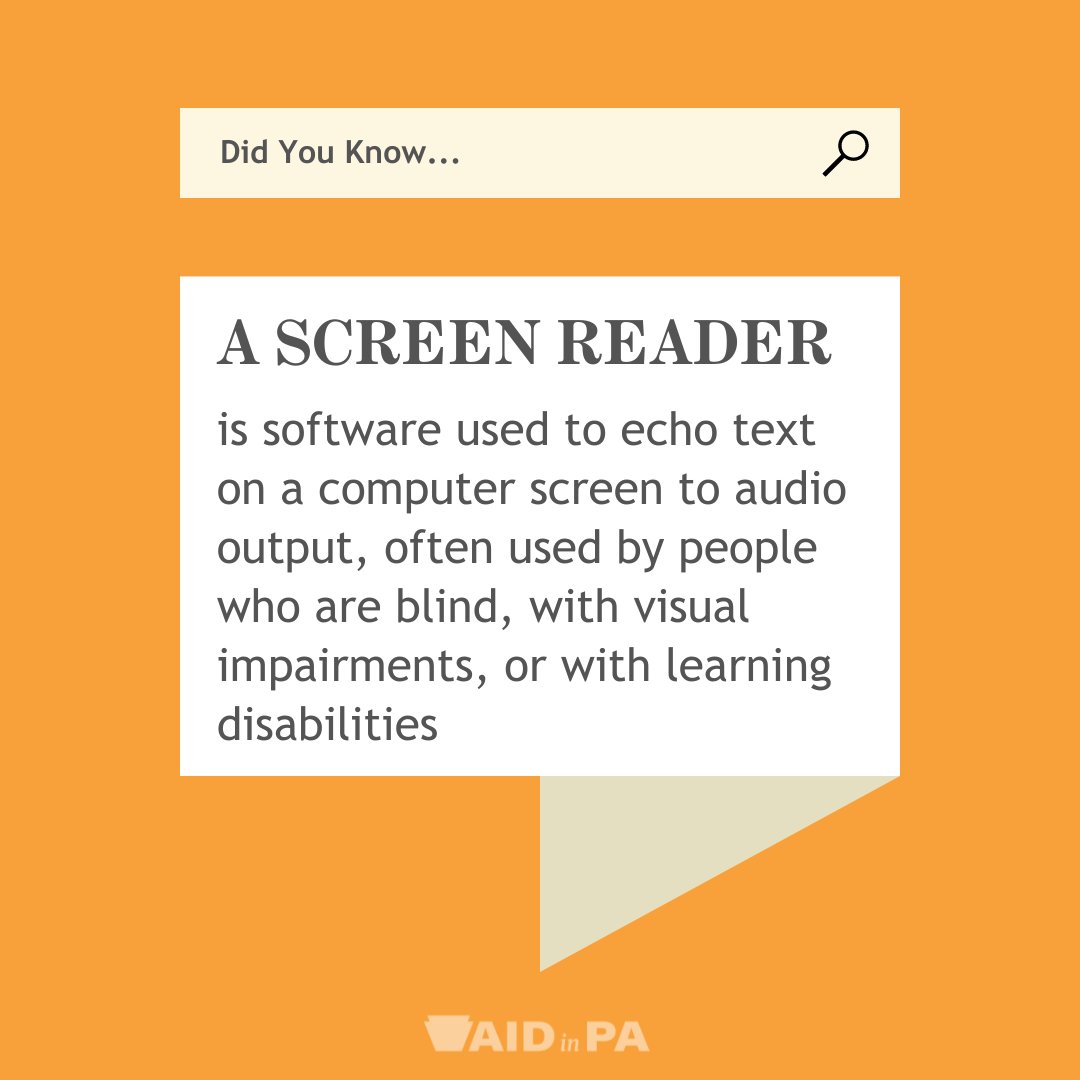 aid_in_pa's tweet image. 💡 DID YOU KNOW: A Screen Reader is software used to echo text on a computer screen to audio output, often used by people who are blind, with visual impairments, or with learning disabilities.
#Neurodiversity #ScreenReader #AIDinPA