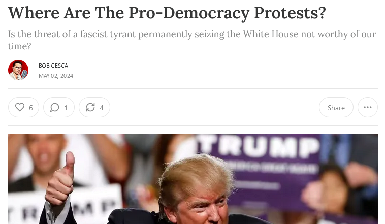 My latest for The Banter: 'I can’t figure out exactly why there isn’t a constant presence of pro-democracy demonstrators everywhere Trump goes. There’s certainly plenty of inciting reasons for it. But it’s just not happening.' (free read) thebanter.substack.com/p/where-are-th…