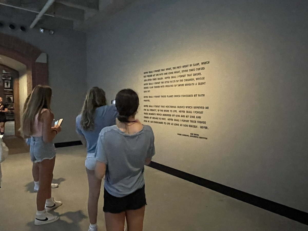 CMS students take photos of a quote on the wall of the USHMM by Elie Wiesel. Elie is the author of the memoir, Night, that they read in English class this past month @MJDAmico_GPS @DrJones_GPS