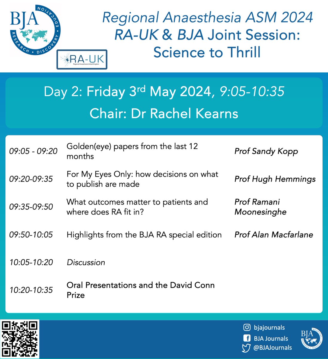 Are you attending #RAUK24. Check out our #BJA session tomorrow, chaired by Dr Rachel Kearns #regionalanaesthesia #specialissue