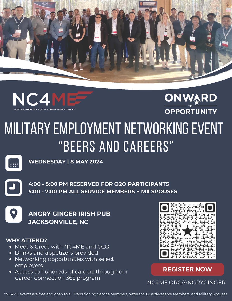 Join @NC4MilEmploy and Onward to Opportunity for a networking event on May 8 (Wed) at @angry_ginger_nc.

This event is free for all transitioning #ServiceMembers, #Veterans, Guard/Reserve Members, and Military Spouses.

Check out the flyer and register at NC4ME.org/angryginger.