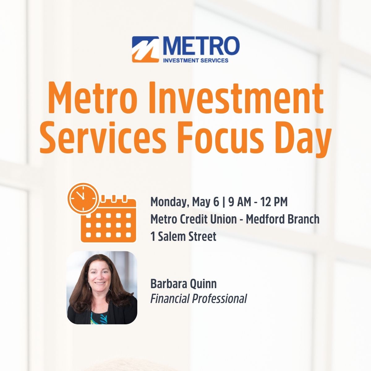 Do you have questions about #investing? Not sure where to begin? Metro Investment Services can help. Stop by our Medford branch on Mon., 5/6, to get all your questions answered. More info on events and #seminars here: ow.ly/QFiJ50RtGjA #financialservices #creditunions