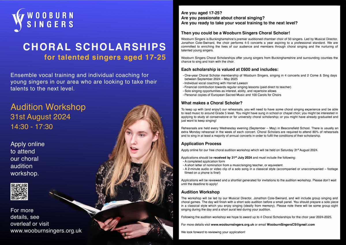 Wooburn Singers (@wooburnsingers) on Twitter photo After a successful first year we're now recruiting Choral Scholars for 2024/5 🎶
If you're a talented singer aged 17-25, or know one, we'd love to hear from you!
Deadline 31/7; audition workshop 31/8
Apply now➡️ docs.google.com/forms/d/e/1FAI…
More info➡️ WooburnSingersCS@gmail.com After a successful first year we're now recruiting Choral Scholars for 2024/5 🎶
If you're a talented singer aged 17-25, or know one, we'd love to hear from you!
Deadline 31/7; audition workshop 31/8
Apply now➡️ docs.google.com/forms/d/e/1FAI…
More info➡️ WooburnSingersCS@gmail.com