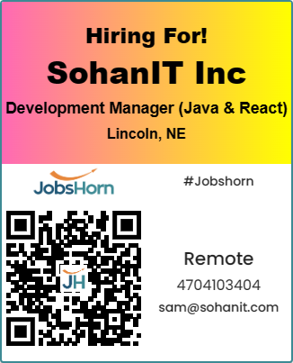 🚨#jobalert
👉#ApplyNow: jobshorn.com/job/developmen…
Sohanit Inc
#hiring for #Development_Manager (#Java & #React)
Location: #Lincoln, Nebraska (#Remote)
Please Share your resume to sam@sohanit.com
#DevelopmentManager #SoftwareDevelopment #ProjectManagement #RemoteTeams #jobshorn