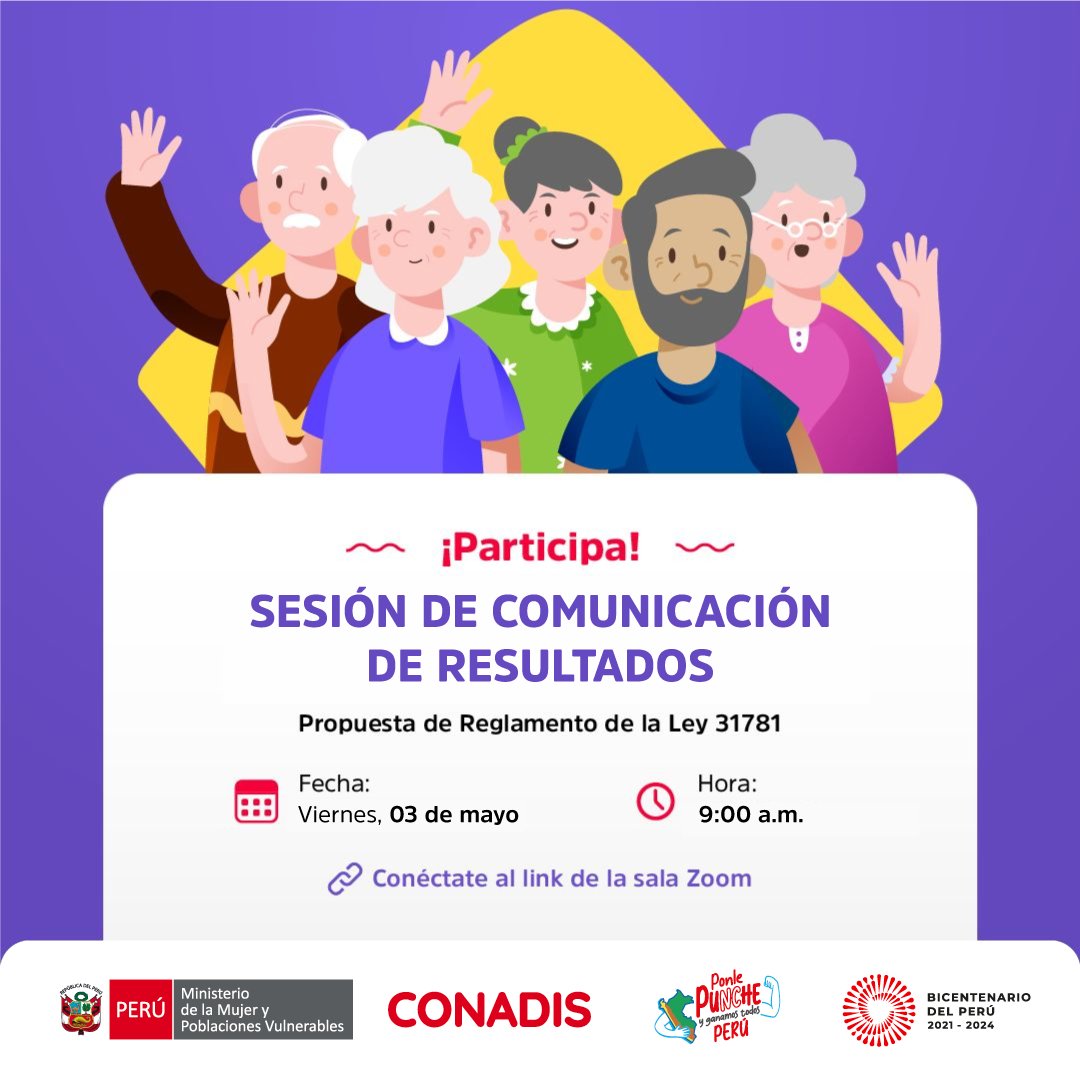 Participa en la sesión de Comunicación de Resultados de la propuesta de Reglamento de la Ley 31781: 📆 Viernes 03 de mayo | 9:00 a.m. 👉 Inscríbete en: forms.office.com/r/Tw1zcFxq3D 🔴 Conéctate a la sesión virtual vía Zoom: us02web.zoom.us/j/84052561167...