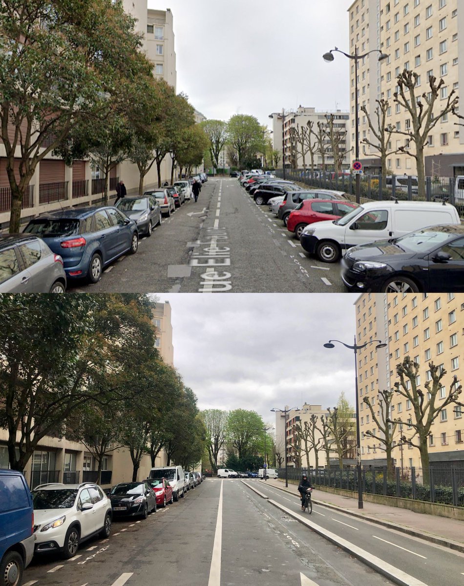 Avant / Après Rue Elie Faure à la frontière du 12ème arrondissement de Paris (à droite) et de Saint-Mandé (à gauche). Le stationnement en épi côté Paris a été remplacé par une piste cyclable protégée.