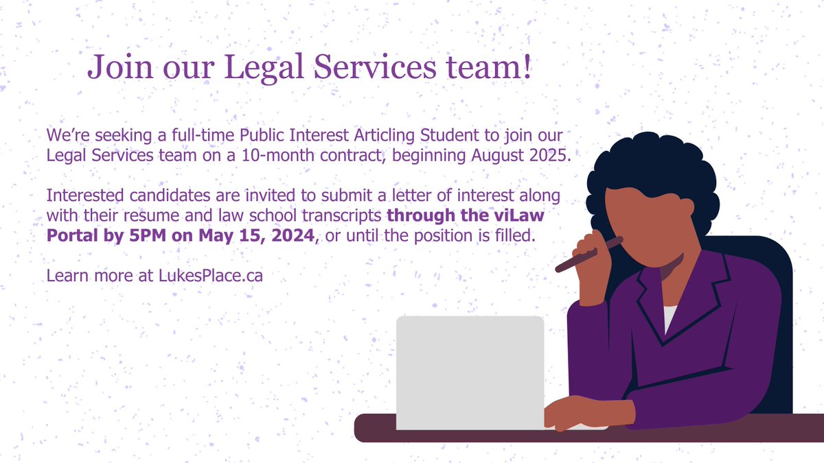 We're seeking a full-time Public Interest Articling Student to join our #Legal Services team on a 10-month contract, beginning August 2025. Interested candidates are invited to apply through the viLaw Portal by 5PM on May 15, 2024. More info: ow.ly/p7RZ50Ruh1f #Hiring