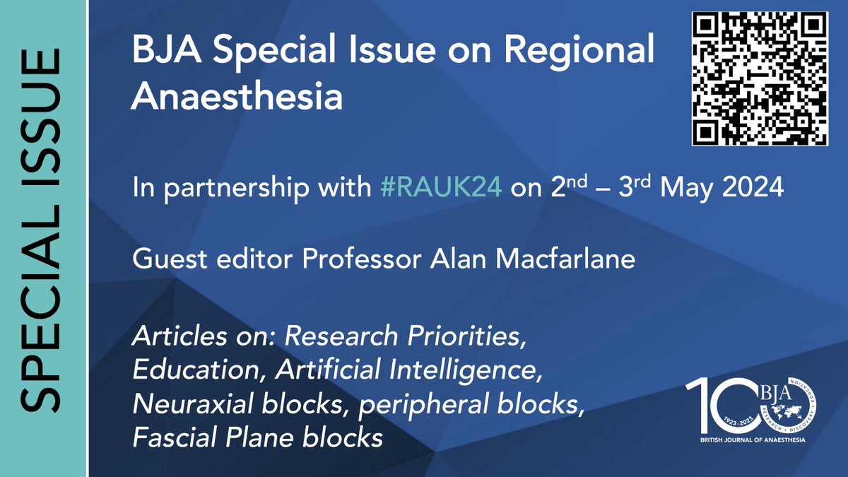 British Journal of Anaesthesia (@bjajournals) on Twitter photo Hot off the press! FREE TO VIEW.
BJA Special Issue on Regional Anaesthesia in partnership with #RAUK24.
Check out the flip-book edition - Free to view during May.
bja132-5.elsevierdigitaledition.com
#anaesthesia #regional #ultrasound #AI #education Hot off the press! FREE TO VIEW.
BJA Special Issue on Regional Anaesthesia in partnership with #RAUK24.
Check out the flip-book edition - Free to view during May.
bja132-5.elsevierdigitaledition.com
#anaesthesia #regional #ultrasound #AI #education