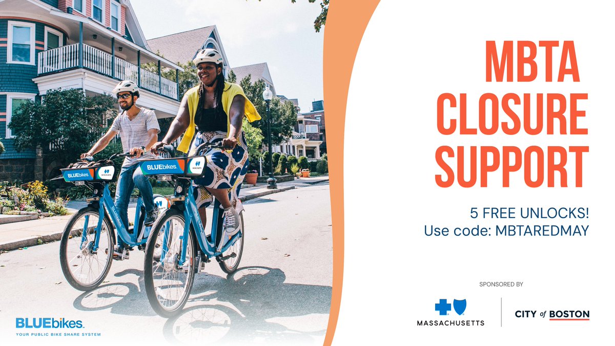 Need a ride with the Red Line closure? Thanks to @BCBSMA and @CityOfBoston, non-members can claim up to 5 FREE Bluebikes unlocks by 5/10 using the code MBTAREDMAY via the Bluebikes app while supplies lasts. #MBTAClosure bluebikes.com/how-it-works/g…