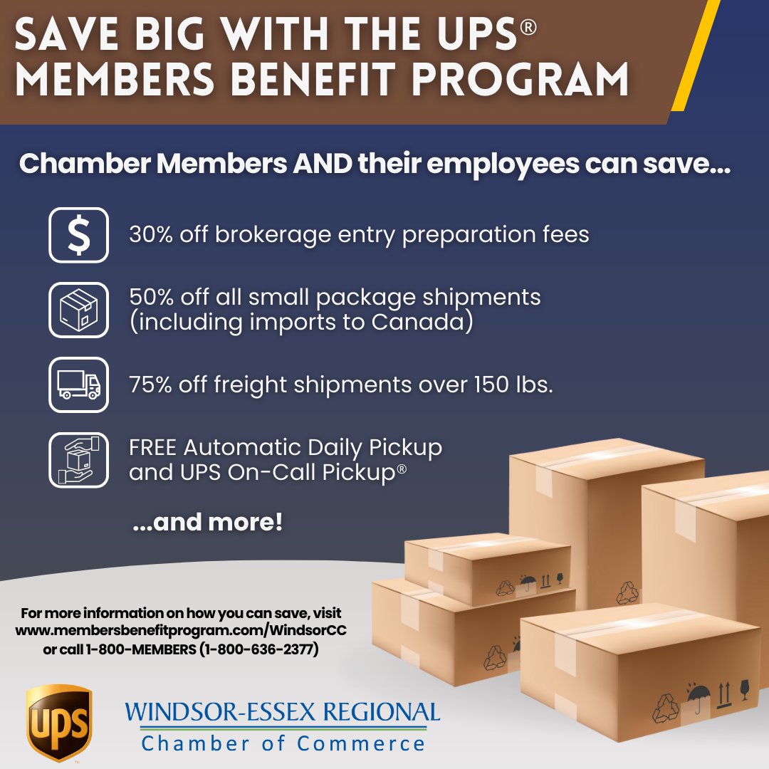 Does your business do a lot of shipping? Why not save with our @UPS Affinity Partner? @WERCofC Members and their employees can save BIG on shipping costs, including up to 75% off freight shipments over 150lbs. Visit bit.ly/shipyqg to learn more! #WindsorBusiness #Save