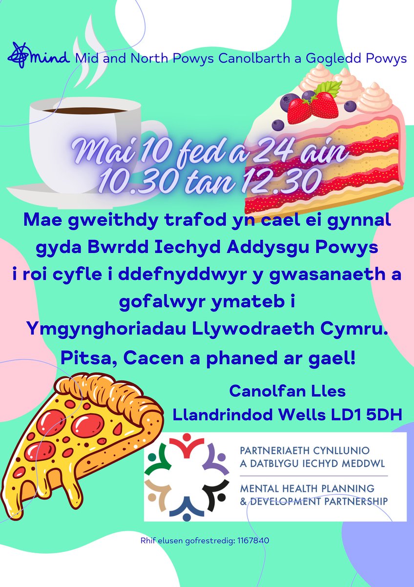 Would you like to have your say about the new mental health strategy & services in Wales?

@MNPowysMind and @MH_LD_PTHB are holding a discussion workshop in Llandrindod on 10 & 24 May, 10.30am - 12.30pm.

Pizza, cake & a cuppa included!

#MentalHealthMatters #Powys #MidWales