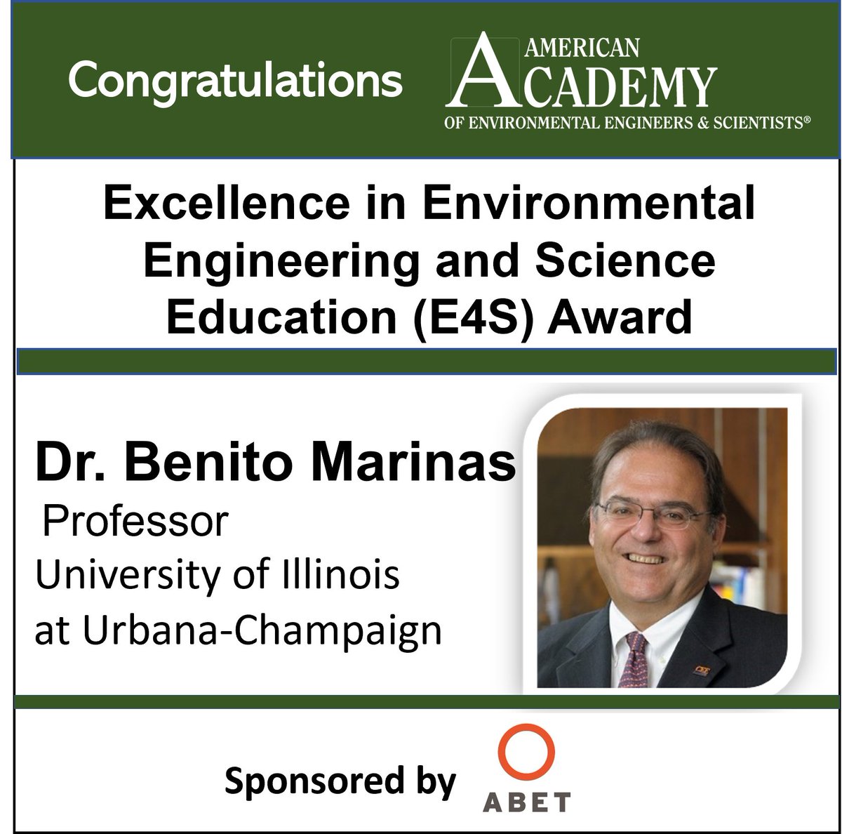 ABET is proud to have sponsored @AAEESdotORG's E4S Award this year, celebrating educators who have made significant contributions to higher education practitioners. Congratulations to Dr. Benito Mariñas!

#environmentalscience #environmentalengineering #highereducation #STEM