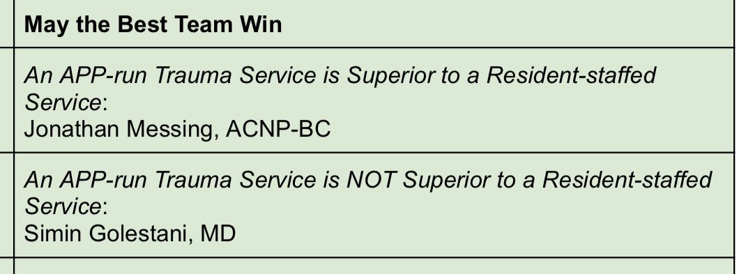 @A_Teich @SiminGolestani @PCounterpoint Great to see @EAST_TRAUMA Oriens winner @SiminGolestani presenting at #PCPACS2024. Debating the role of resident vs. APP led #Trauma services. In my opinion, go with multi-D collaboration and #teamwork.