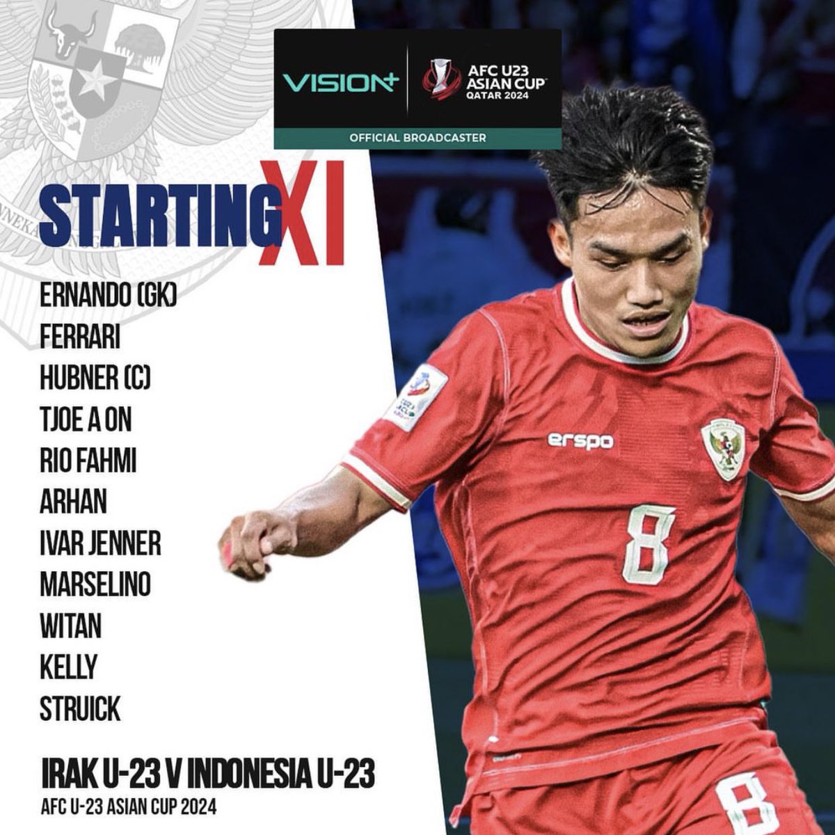 Bersiaplah! Beberapa menit lagi menuju kick off pertandingan perebutan gelar juara ketiga Piala Asia U23 sekaligus perebutan tiket menuju Olimpiade Paris 2024!

#AFCU23AsianCup #TimnasIndonesia #TimnasDay #KitaGaruda #PialaAsiaU232024 #PialaAsiaU232024diVisionPlus