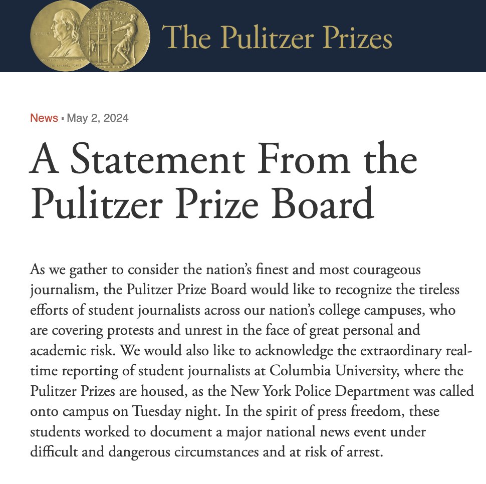 There is more to say, but for now let me tell you how proud I am of our @columbiajourn students, whom I've watched report non-stop for days, sleep on floors, support one another & give their all to bearing witness under dire conditions: pulitzer.org/news/statement… @PulitzerPrizes