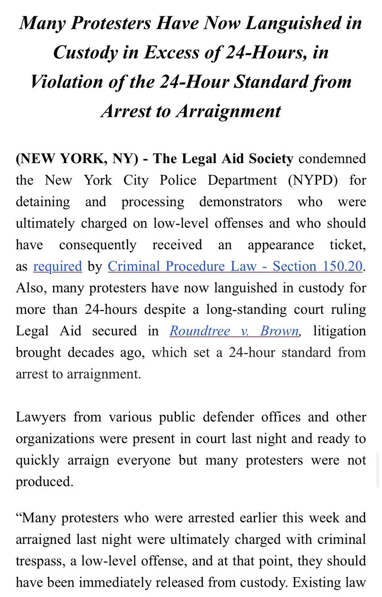 .@LegalAidNYC says NYPD detained and processed demonstrators who were charged on low-level offenses and should have received an appearance ticket for excessive amounts of time: