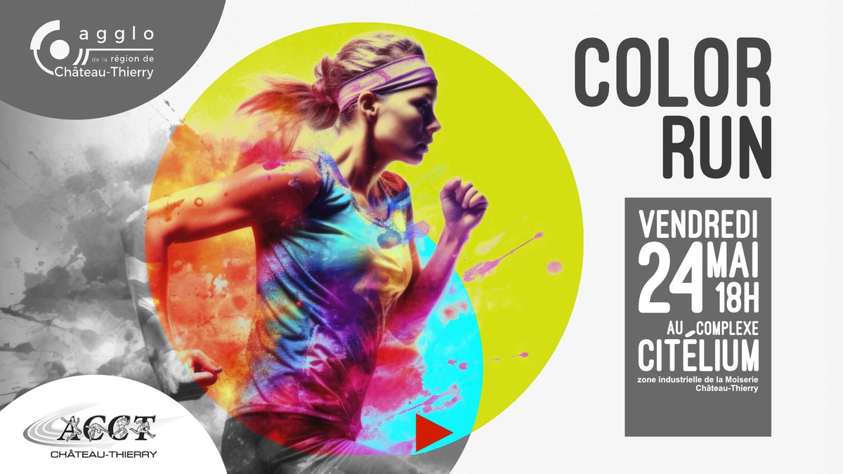 L'agglo organise sa 1ère Color Run avec l'ACCT à #Citélium. RDV📅le 24 mai à 18h pour une Color Run, des #courses jeunes et le 5km des Fables.🏃‍♀️
Un max d'#activités #fun vous attendent !

Toutes les infos sur carct.fr.
#agglochateauthierry