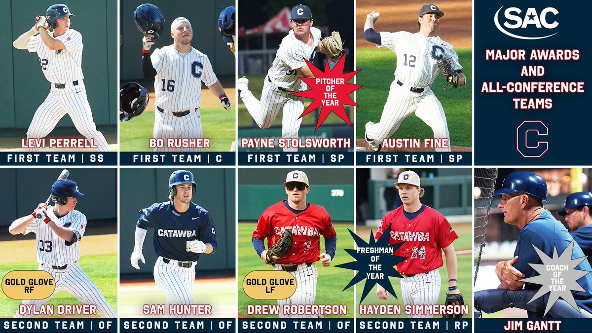 The honors are rolling in for SAC champion @CatawbaBaseball! Stolsworth, Simmerson & Gantt pick up major SAC awards; league-high 8⃣ earn All-Conference nods! Release | bit.ly/4a31Uad #BeYourOwnHero