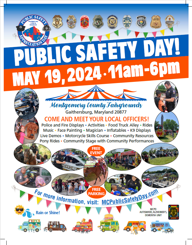 Are you ready for Public Safety Day? 🚌@RideOnMCT is providing FREE shuttle services beginning at 10:30 a.m. and running every 30 minutes from the Wheaton Mall & Germantown Transit bus stops! 🗓5/19/24 ⏱11 a.m.- 6p.m. 📍Montgomery County Fairgrounds #MCPNews #MCPD