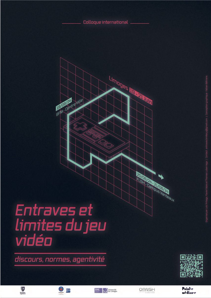 Rendez-vous à Limoges les 19, 20 et 21 juin 2024 pour le colloque « Entraves et limites du jeu vidéo : discours, normes, agentivité ». Des conférences, des communications, des tables rondes, une play-conférence et même un concert !