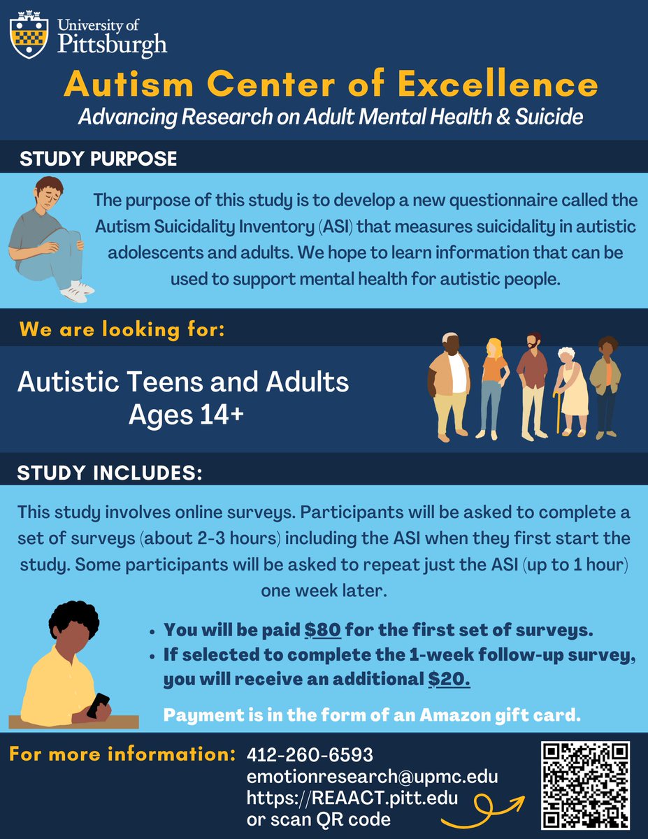 We are currently recruiting autistic teens and adults (aged 14+) for our Autism Suicidality Inventory (ASI) online study! Learn more about it: reaact.pitt.edu/ASI