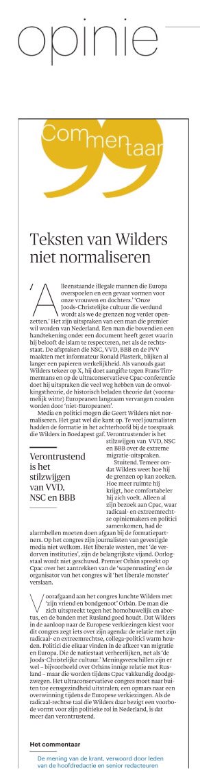 Trots op redactie @trouw. “Verontrustender is het stilzwijgen van VVD, NSC en BBB over de extreme migratie-uitspraken”. Geldt natuurlijk ook voor weerzinwekkende term ‘omvolking’.