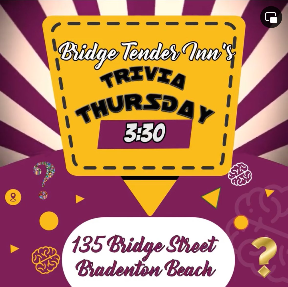 Come check out your trivia knowledge! 😊🧠 #bridgetenderinn #bradentonbeach #annamariaisland #TriviaThursday #awesomefoodandcocktails #meetmeatthetender